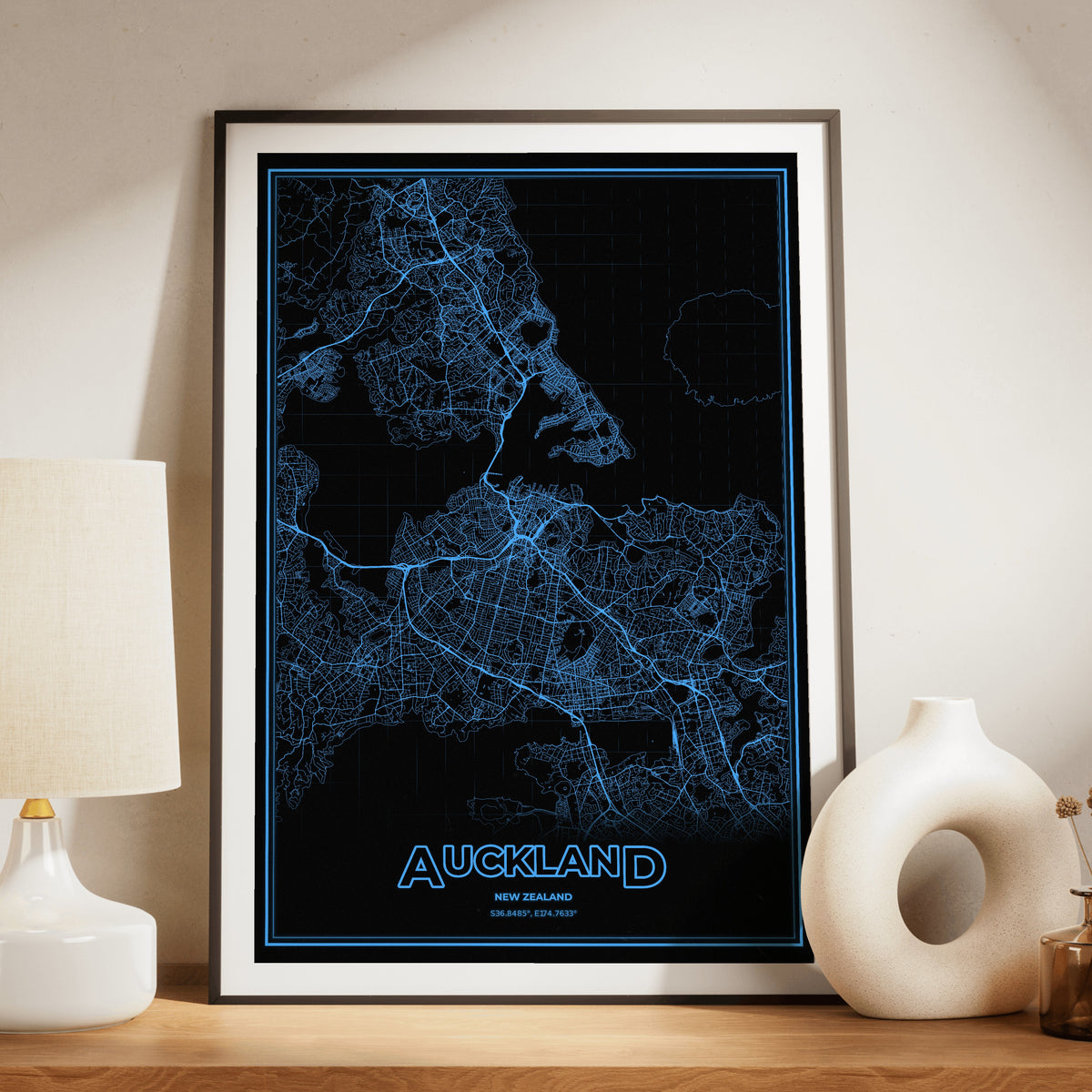 Auckland Phosphor Map Poster - IBM Blue