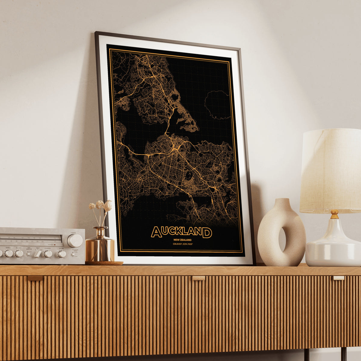 Auckland Phosphor Map Poster - Amber CRT