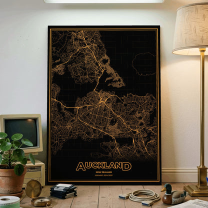 Auckland Phosphor Map Poster - Amber CRT