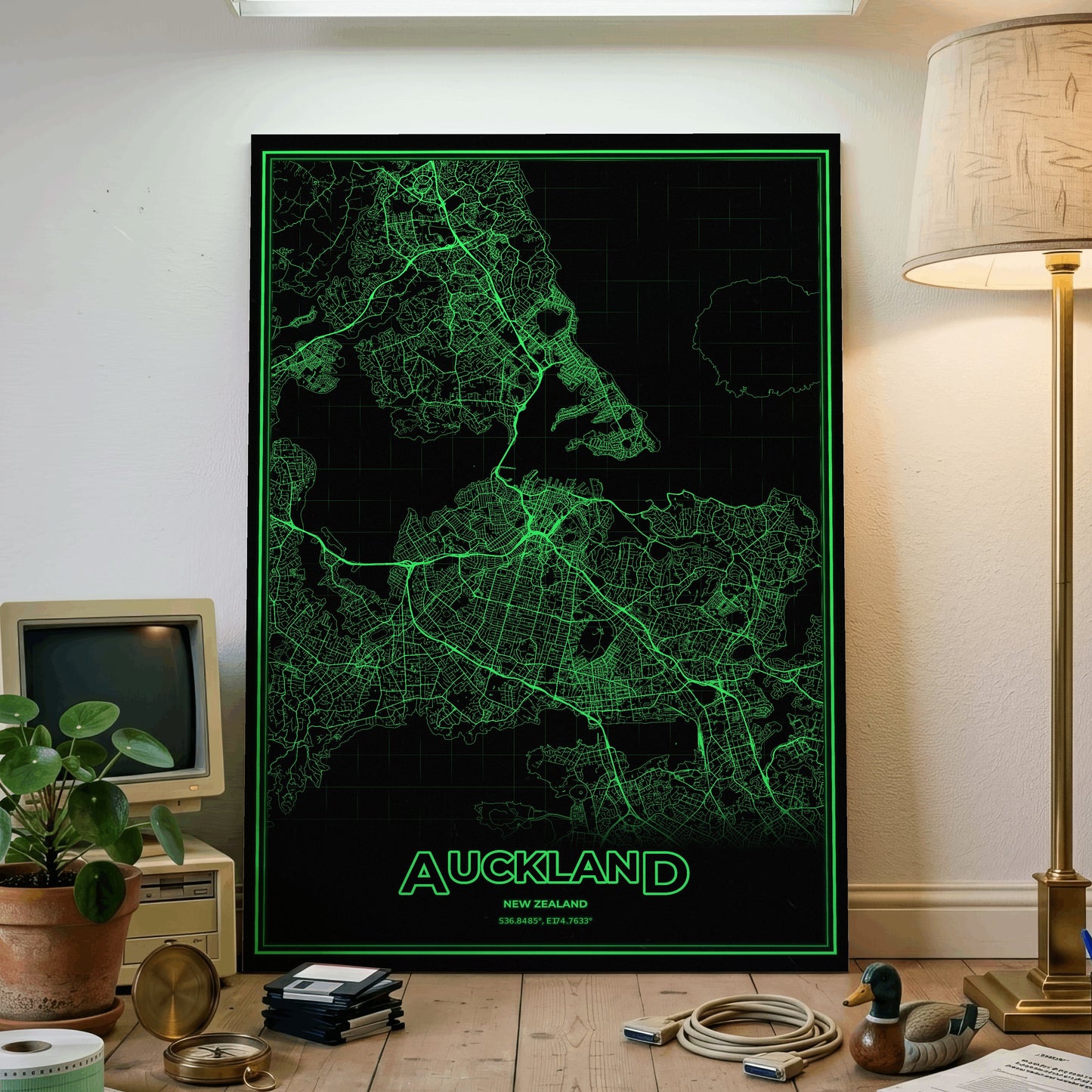 Auckland Phosphor Map Poster - Phosphor Green