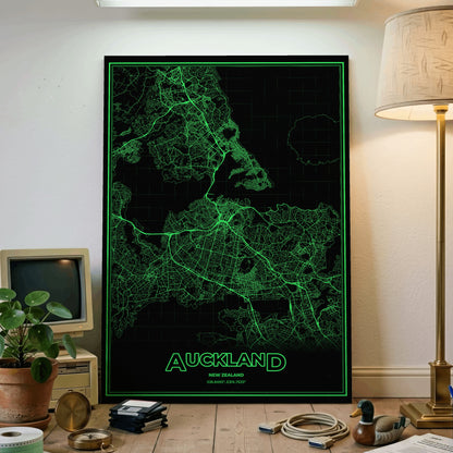 Auckland Phosphor Map Poster - Phosphor Green
