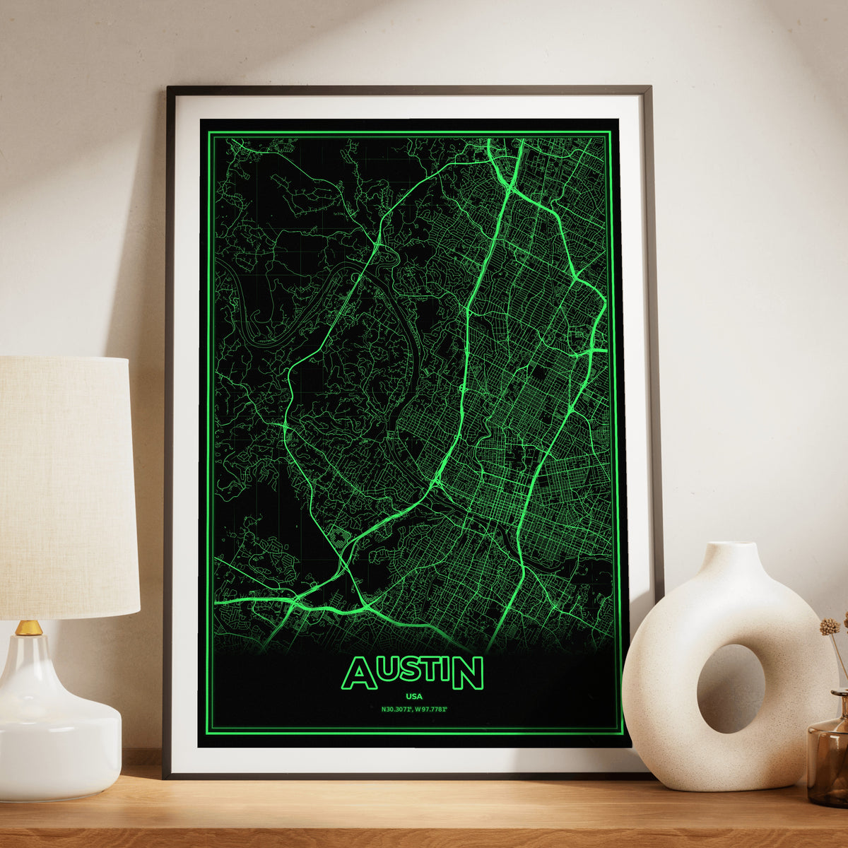 Austin Phosphor Map Poster - Phosphor Green
