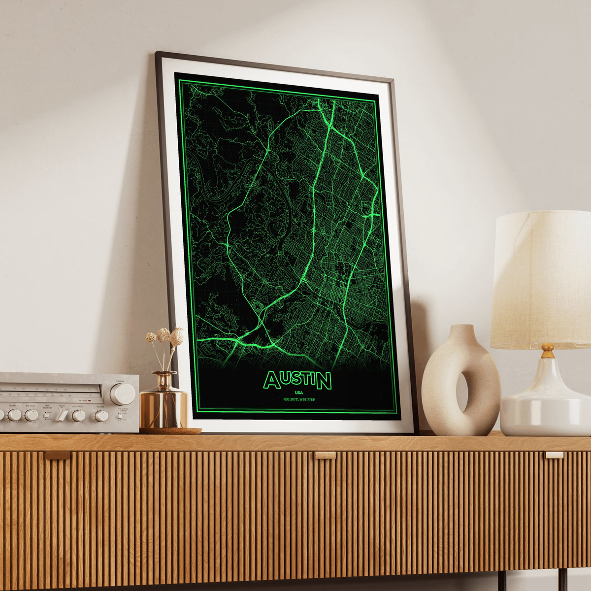 Austin Phosphor Map Poster - Phosphor Green