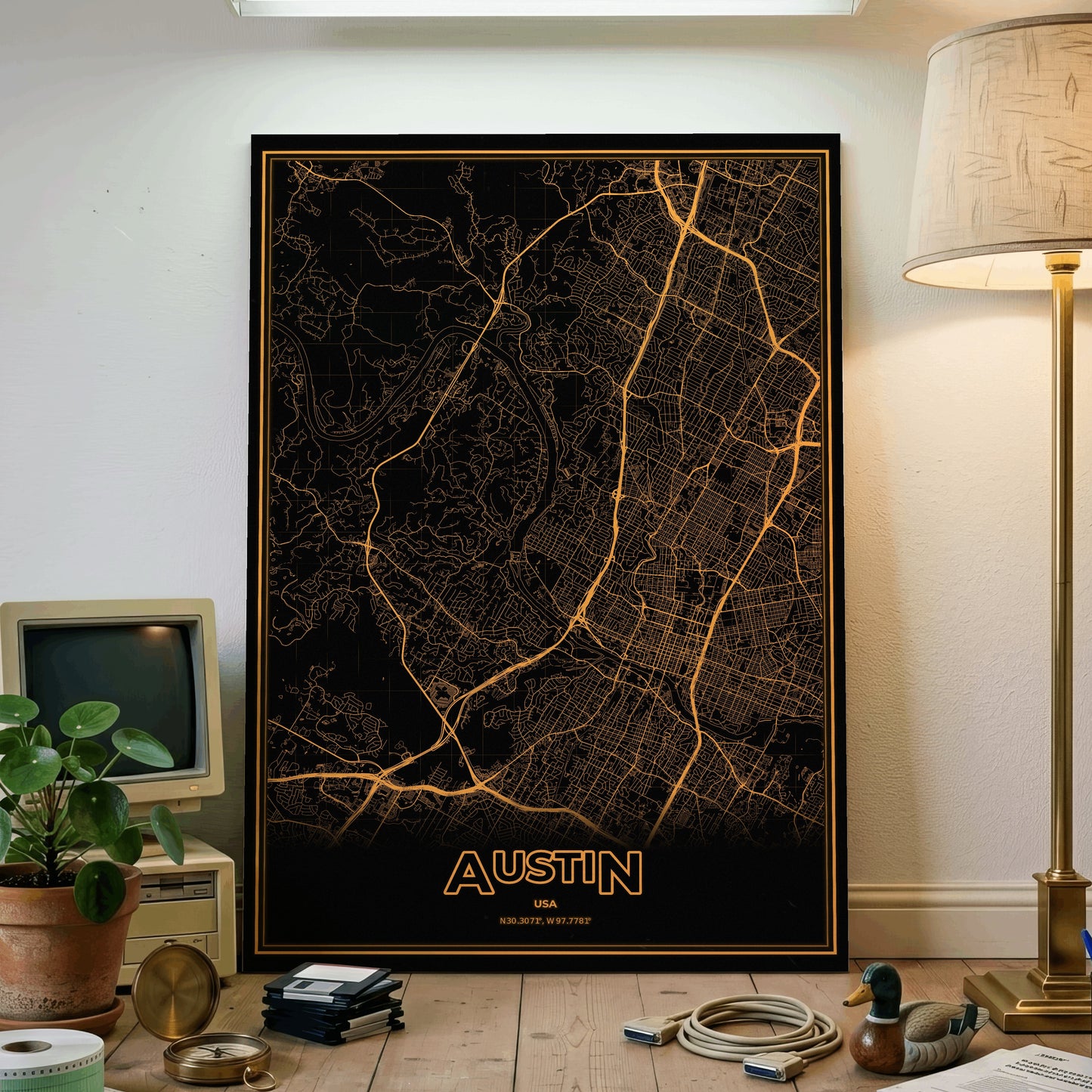 Austin Phosphor Map Poster - Amber CRT