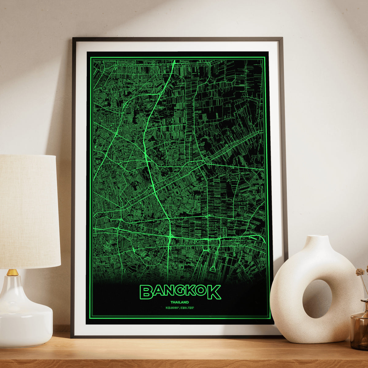 Bangkok Phosphor Map Poster - Phosphor Green