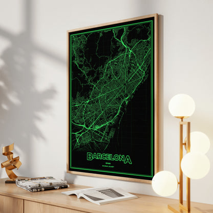 Barcelona Phosphor Map Poster - Phosphor Green
