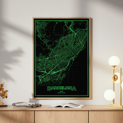 Barcelona Phosphor Map Poster - Phosphor Green