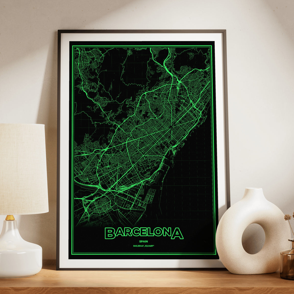 Barcelona Phosphor Map Poster - Phosphor Green