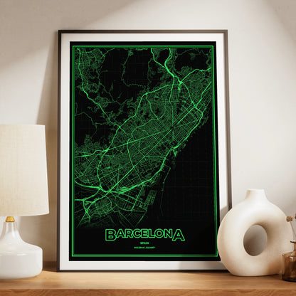 Barcelona Phosphor Map Poster - Phosphor Green