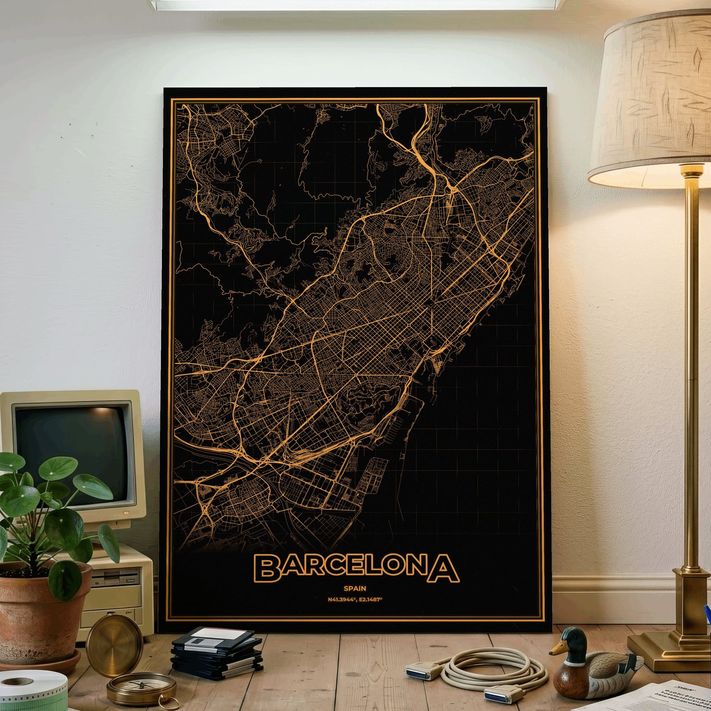 Barcelona Phosphor Map Poster - Amber CRT