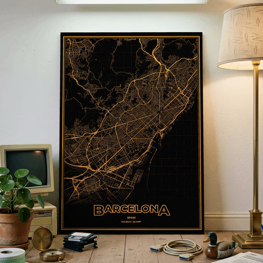 Barcelona Phosphor Map Poster - Amber CRT