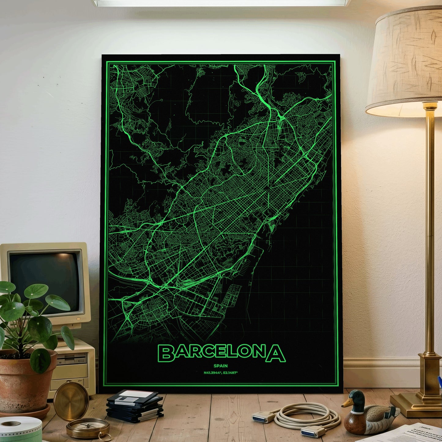 Barcelona Phosphor Map Poster - Phosphor Green