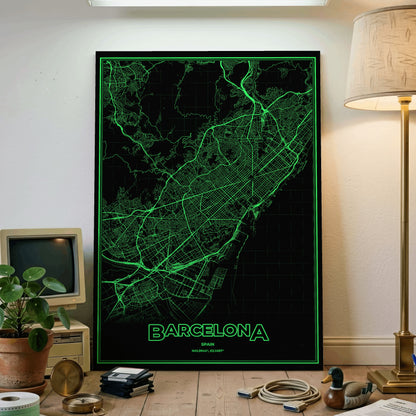 Barcelona Phosphor Map Poster - Phosphor Green