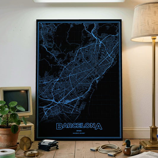 Barcelona Phosphor Map Poster - IBM Blue