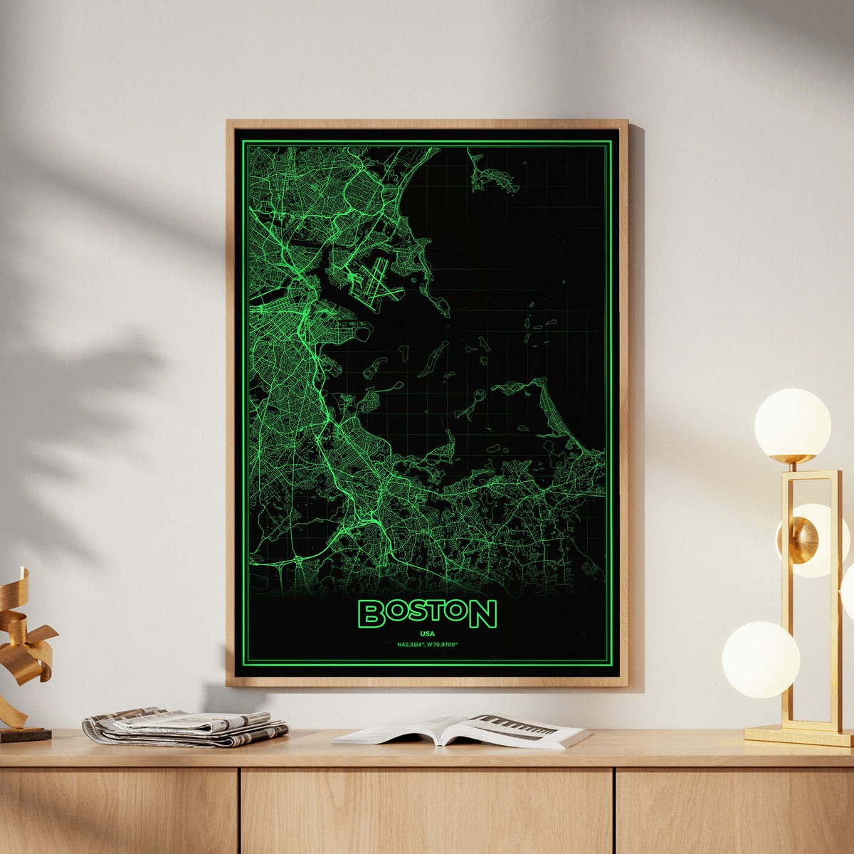 Boston Phosphor Map Poster - Phosphor Green