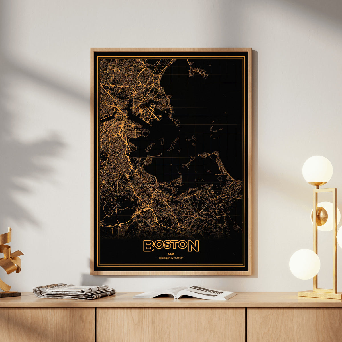 Boston Phosphor Map Poster - Amber CRT