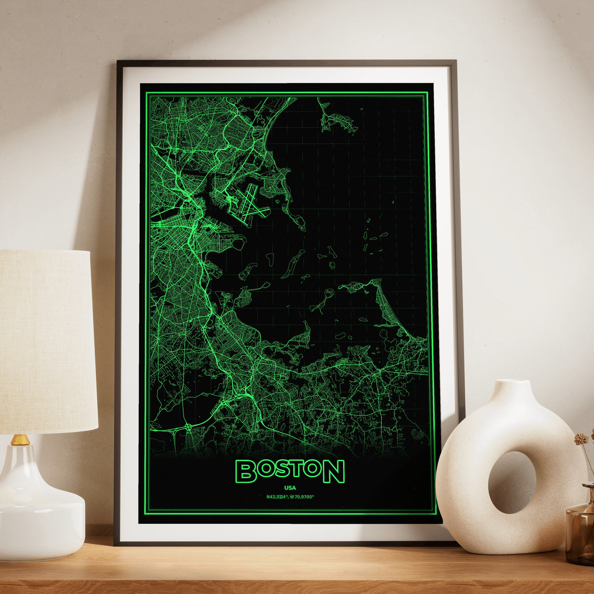 Boston Phosphor Map Poster - Phosphor Green