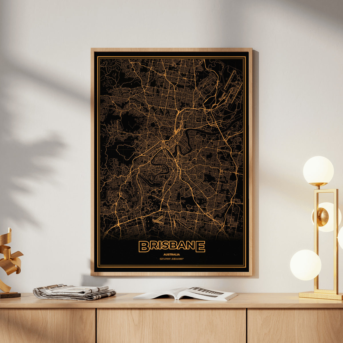 Brisbane Phosphor Map Poster - Amber CRT
