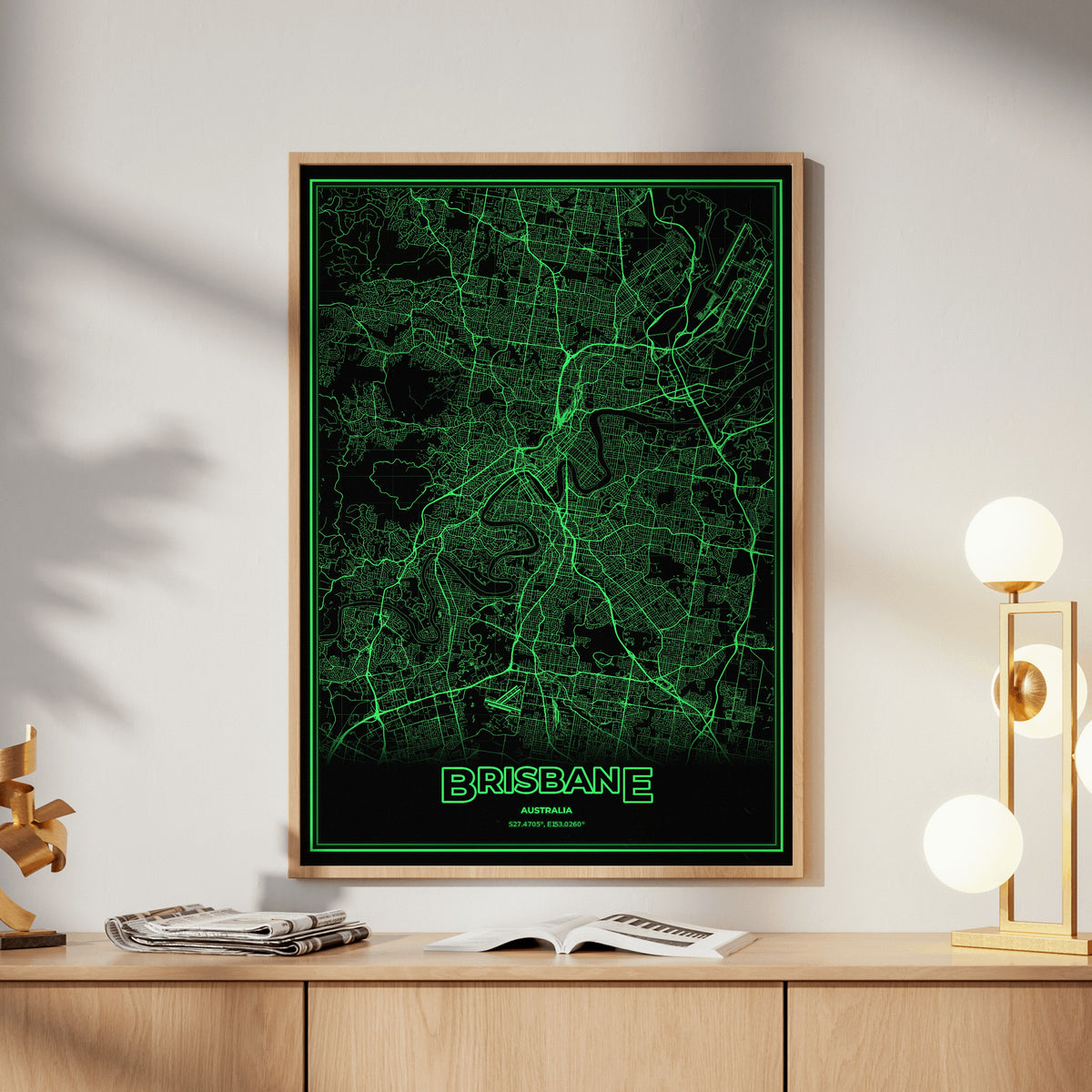 Brisbane Phosphor Map Poster - Phosphor Green
