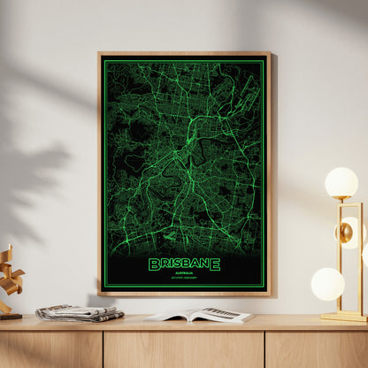 Brisbane Phosphor Map Poster - Phosphor Green