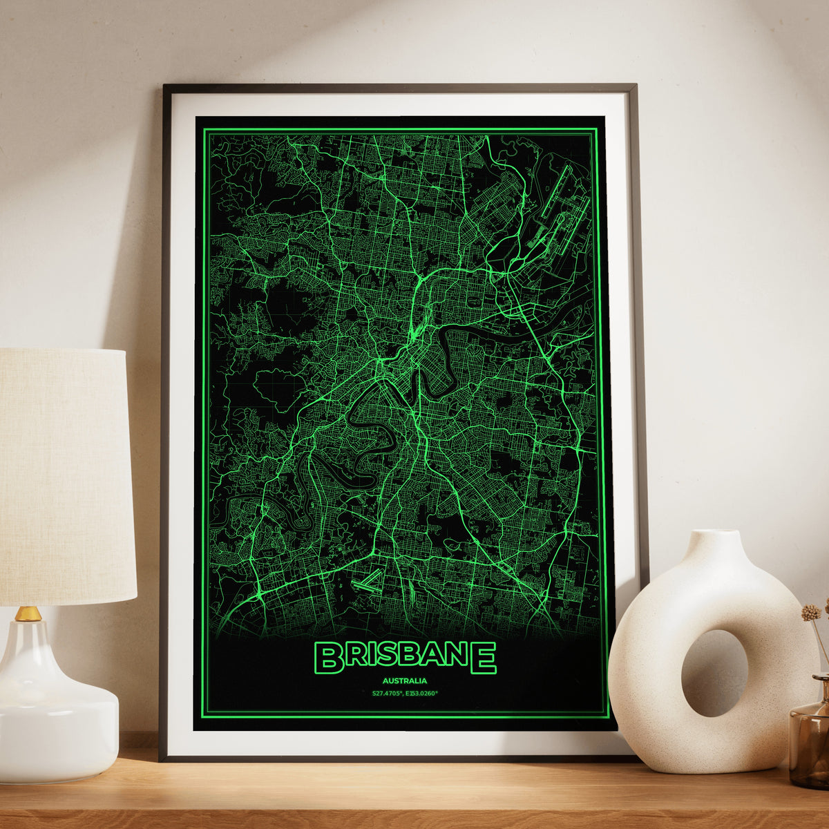 Brisbane Phosphor Map Poster - Phosphor Green