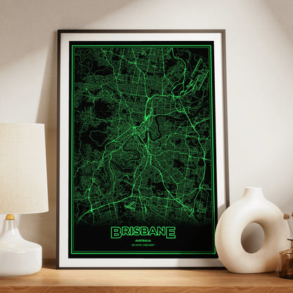 Brisbane Phosphor Map Poster - Phosphor Green