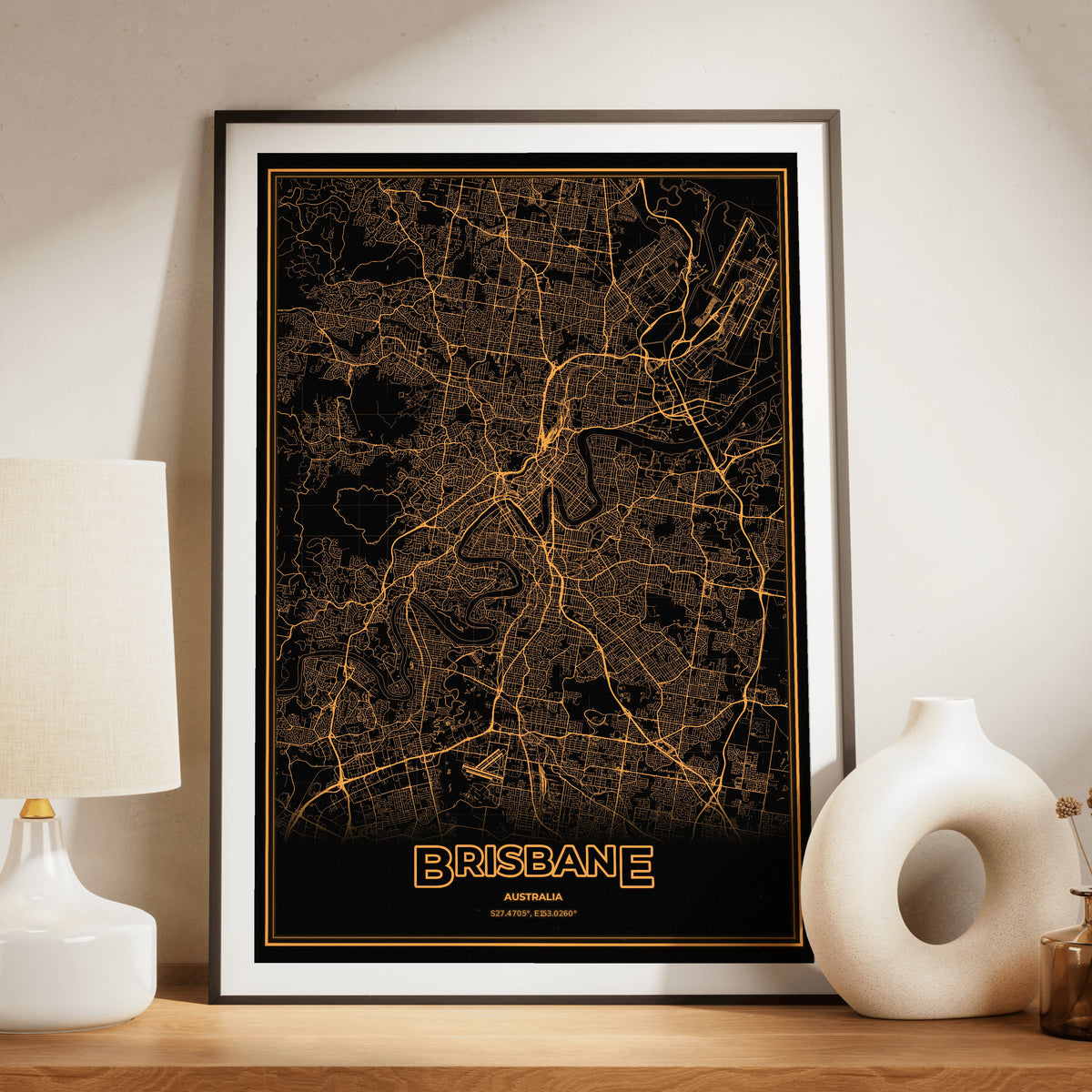 Brisbane Phosphor Map Poster - Amber CRT