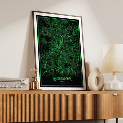 Brisbane Phosphor Map Poster - Phosphor Green