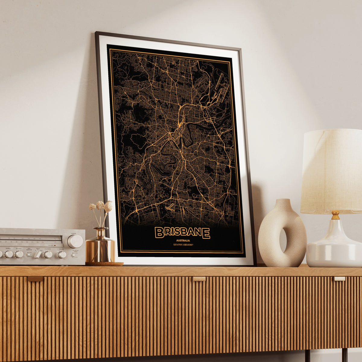 Brisbane Phosphor Map Poster - Amber CRT