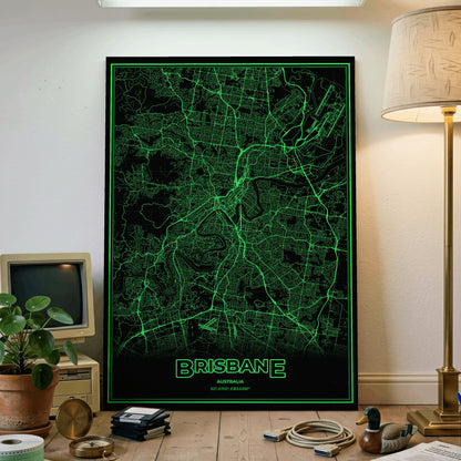 Brisbane Phosphor Map Poster - Phosphor Green