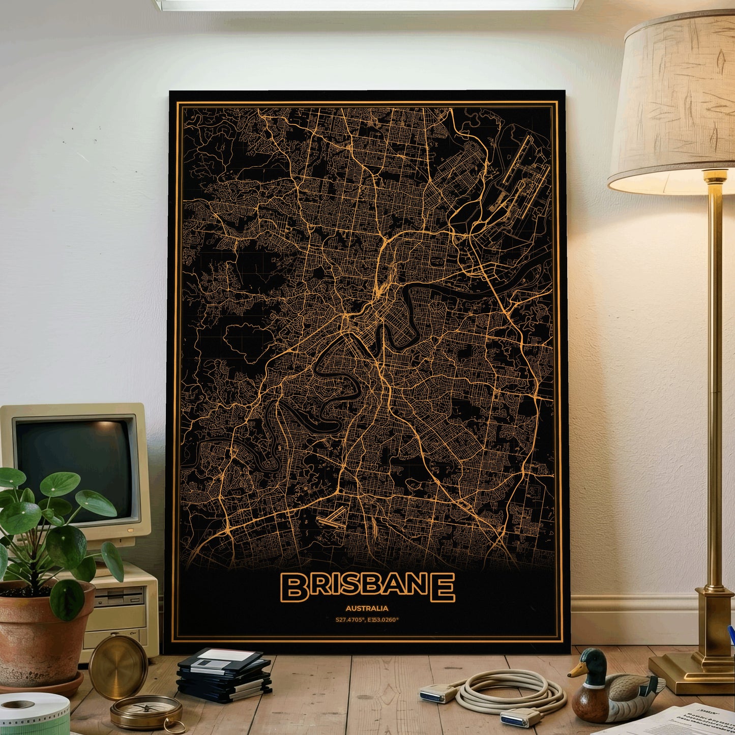 Brisbane Phosphor Map Poster - Amber CRT