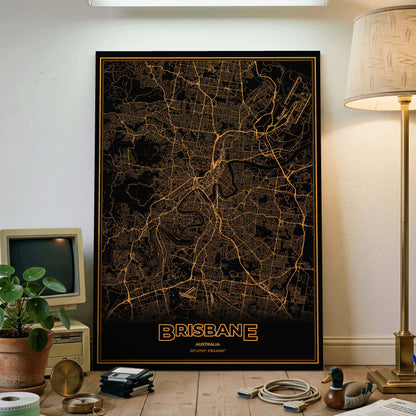 Brisbane Phosphor Map Poster - Amber CRT