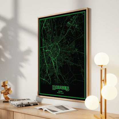 Bruges Phosphor Map Poster - Phosphor Green