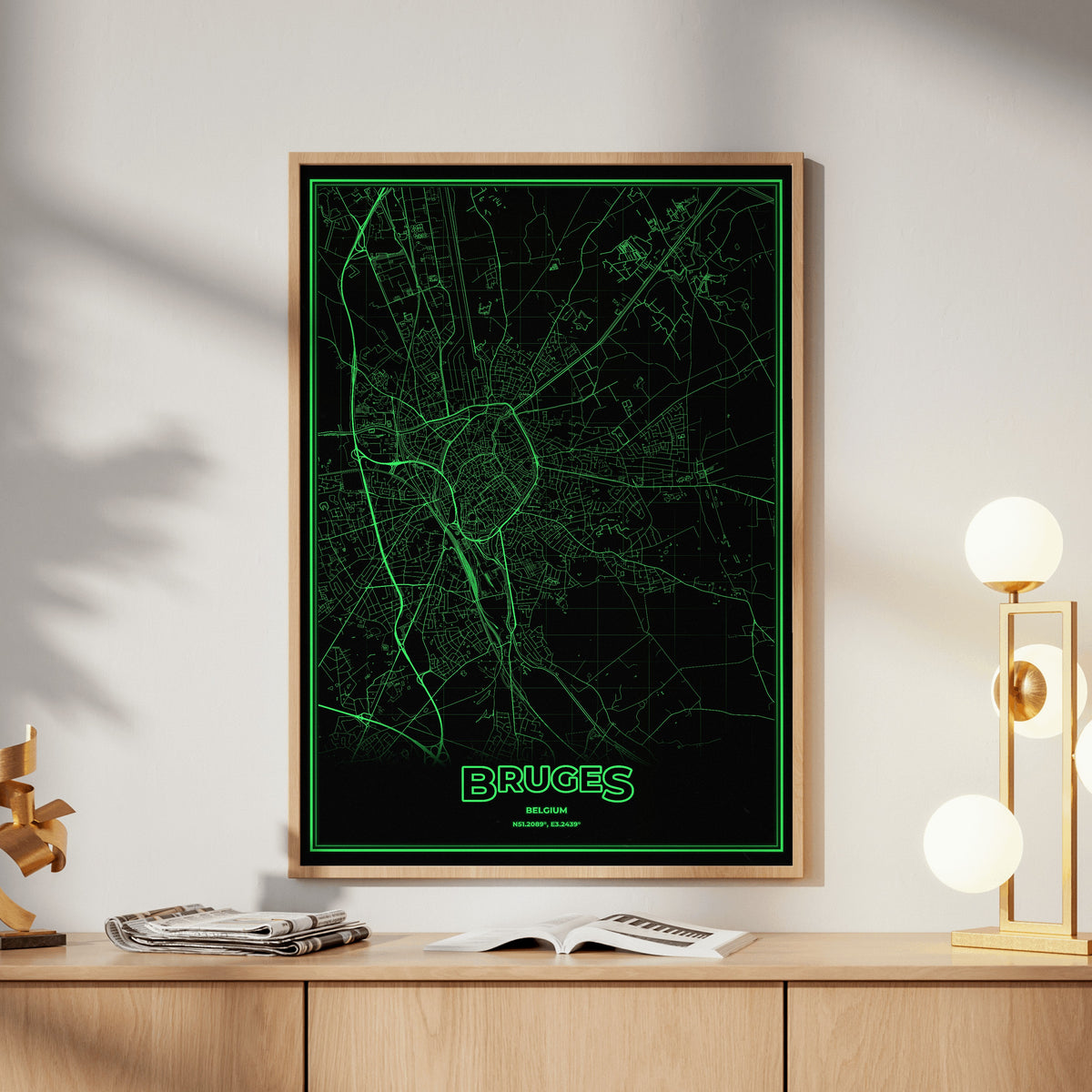 Bruges Phosphor Map Poster - Phosphor Green