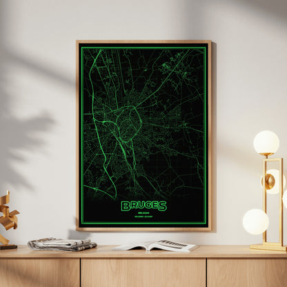 Bruges Phosphor Map Poster - Phosphor Green