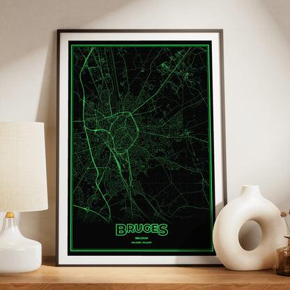 Bruges Phosphor Map Poster - Phosphor Green
