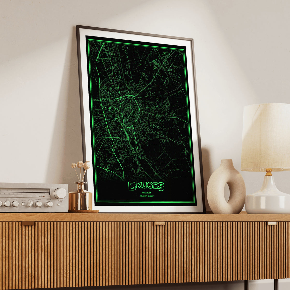Bruges Phosphor Map Poster - Phosphor Green