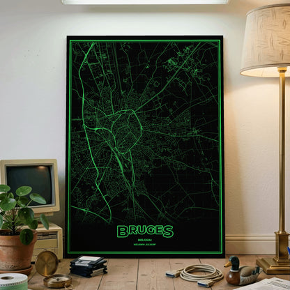 Bruges Phosphor Map Poster - Phosphor Green