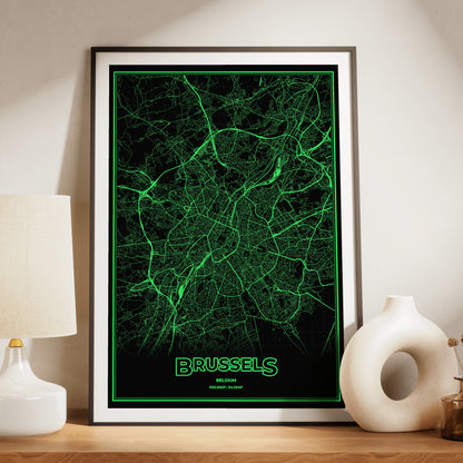 Brussels Phosphor Map Poster - Phosphor Green