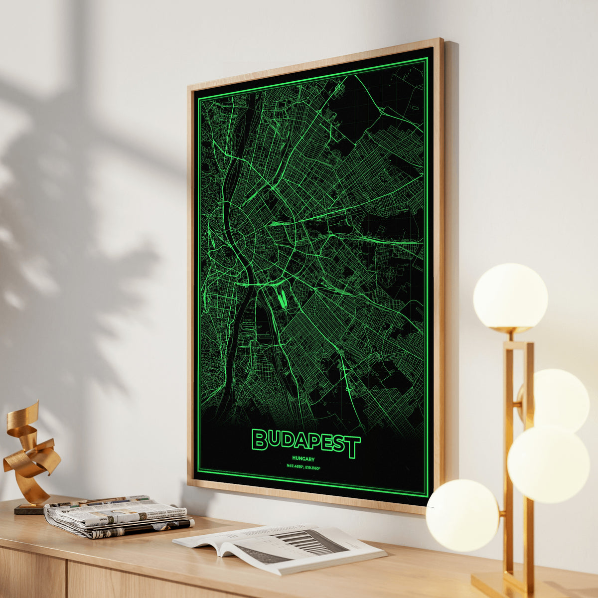 Budapest Phosphor Map Poster - Phosphor Green