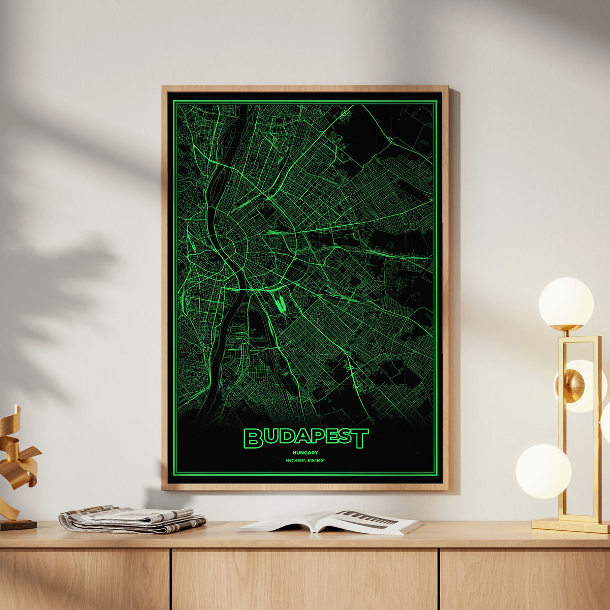 Budapest Phosphor Map Poster - Phosphor Green