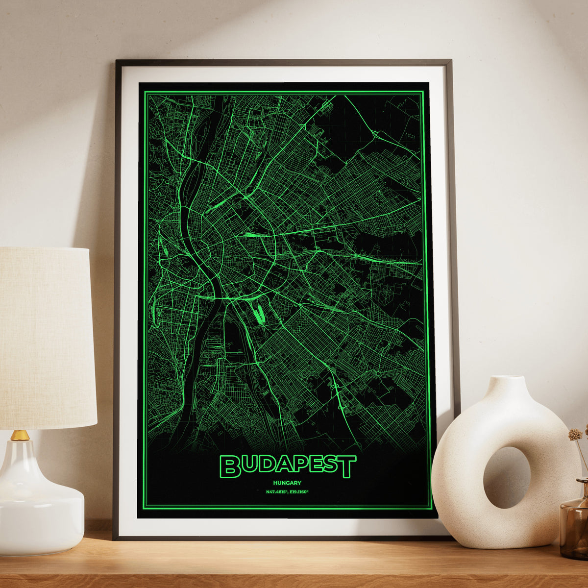 Budapest Phosphor Map Poster - Phosphor Green