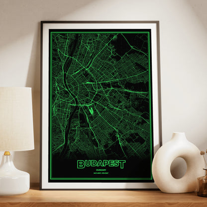 Budapest Phosphor Map Poster - Phosphor Green