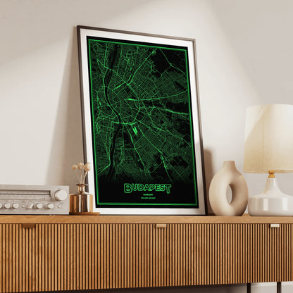 Budapest Phosphor Map Poster - Phosphor Green