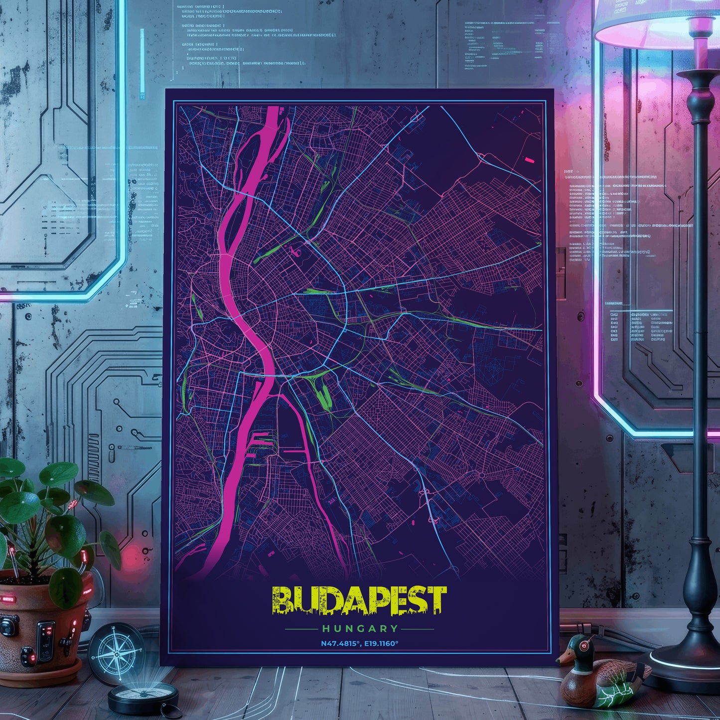 Budapest Cyberpunk Map Poster