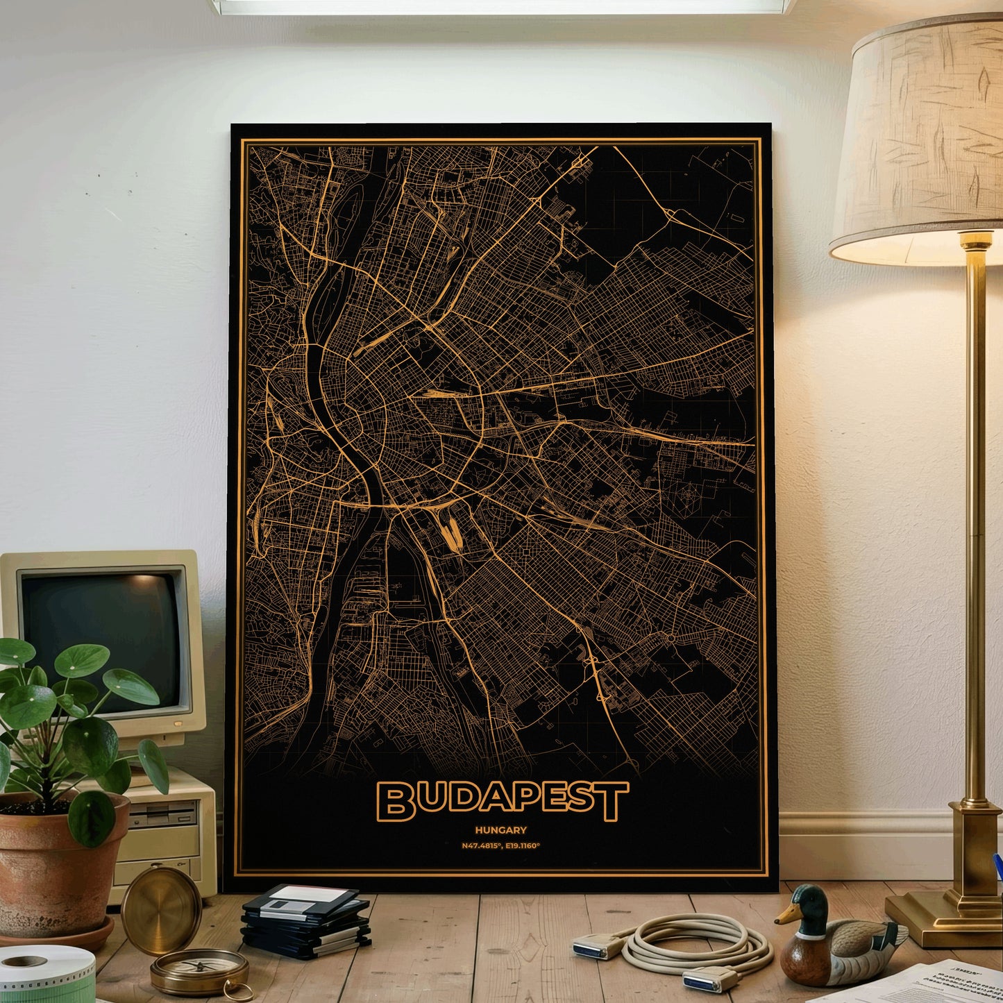 Budapest Phosphor Map Poster - Amber CRT