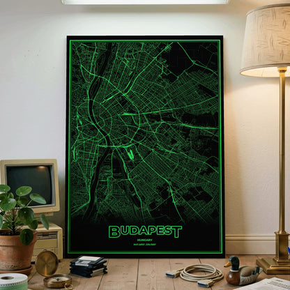 Budapest Phosphor Map Poster - Phosphor Green