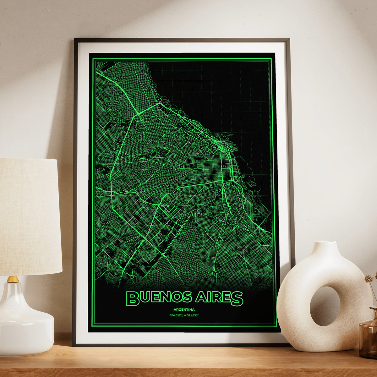 Buenos Aires Phosphor Map Poster - Phosphor Green