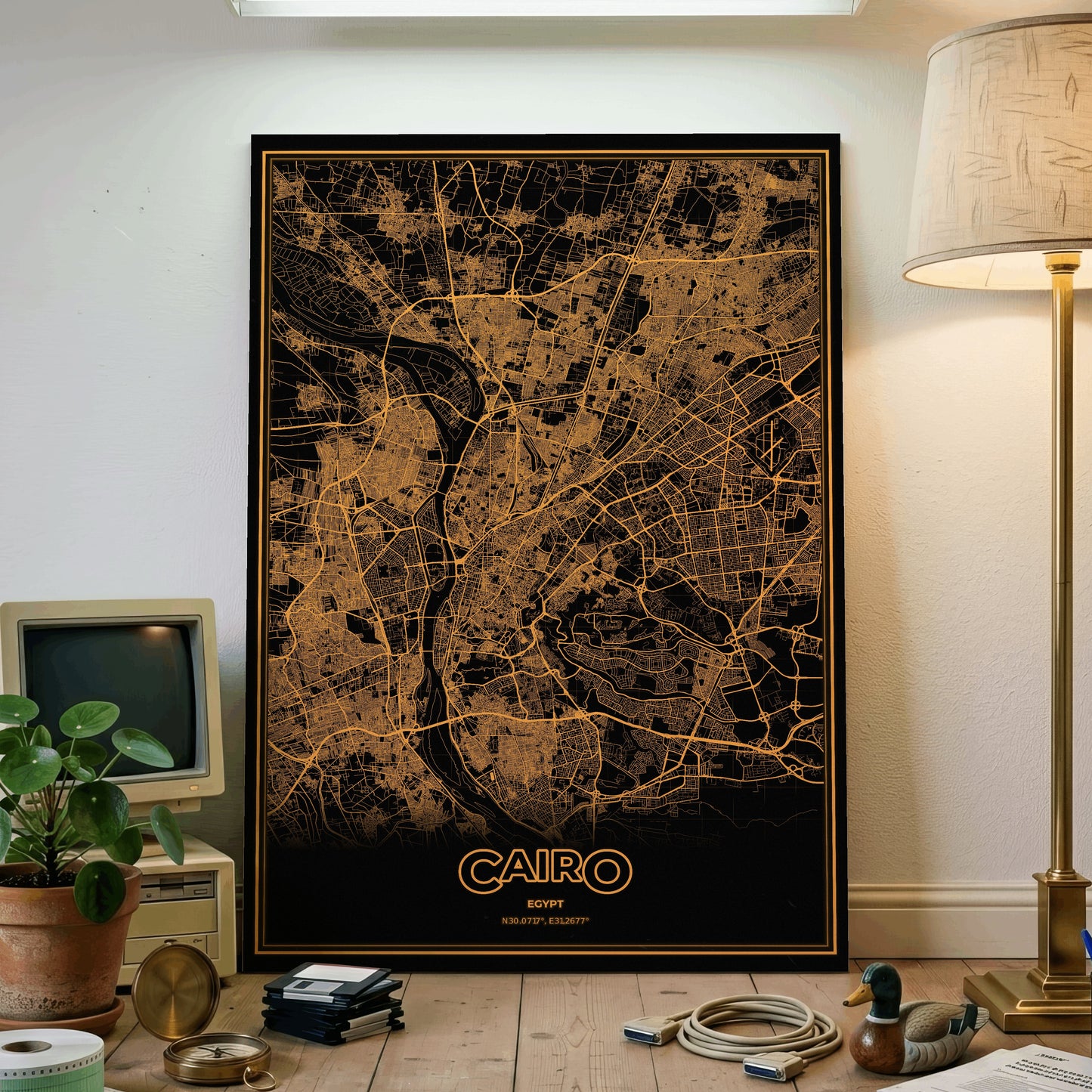 Cairo Phosphor Map Poster - Amber CRT