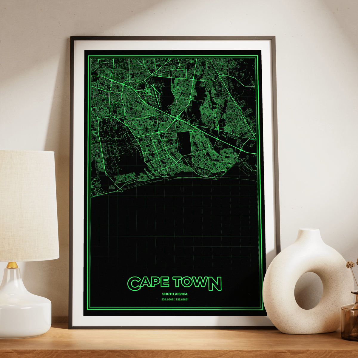 Cape Town Phosphor Map Poster - Phosphor Green